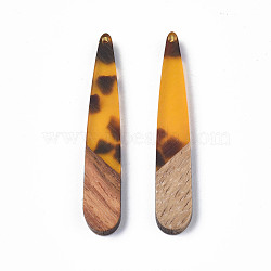 Resin & Walnut Wood Pendants, Teardrop, Goldenrod, 44x7.5x3.5mm, Hole: 1.5mm(RESI-N025-018-C01)