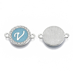 Alloy Enamel Links Connectors, with Crystal Rhinestones, Flat Round with Letter, Silver Color Plated, Letter.V, 22x16x2mm, Hole: 1.8mm(ENAM-TAC0003-01S-06V)
