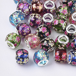 Printed Transparent Glass European Beads, Large Hole Beads, with Platinum Tone Brass Double Cores, Rondelle with Sakura Pattern, Mixed Color, 12x9.5mm, Hole: 5mm(GPDL-T003-002)