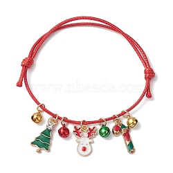 Christmas Tree & Candy Cane & Deer Alloy Enamel Charm Bracelets, Adjustable Waxed Polyester Cord Braided Bracelets, Red, Inner Diameter: 2~3-5/8 inch(5.2~9.2cm)(BJEW-JB10836-01)