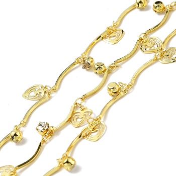 Handmade Eco-friendly Brass Curved Bar Link Chain, with Heart and Glass Charm, Long-Lasting Plated, Soldered, with Spool, Golden, 15.5x1.5x1mm