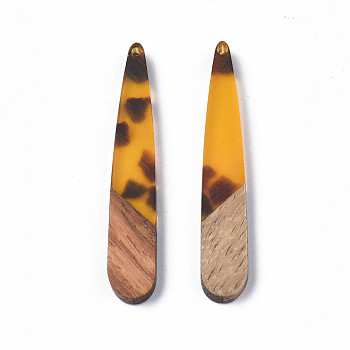 Resin & Walnut Wood Pendants, Teardrop, Goldenrod, 44x7.5x3.5mm, Hole: 1.5mm