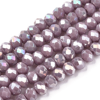 Electroplate Glass Beads Strands, Opaque Solid Color, AB Color Plated, Faceted, Rondelle, Rosy Brown, 3.5x3mm, Hole: 0.4mm, about 123~127pcs/strand, 13.7~14.1 inch(35~36cm)