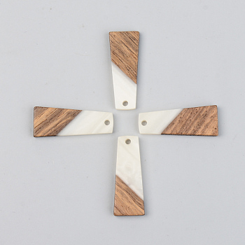 Opaque Resin & Walnut Wood Pendants, Trapezoid, Floral White, 30x12x3mm, Hole: 2mm