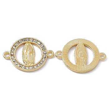 Religion Alloy Connector Charms, with Crystal Rhinestone, Flat Round Links with Virgin Pattern, Light Gold, 18x24x2mm, Hole: 1.8mm
