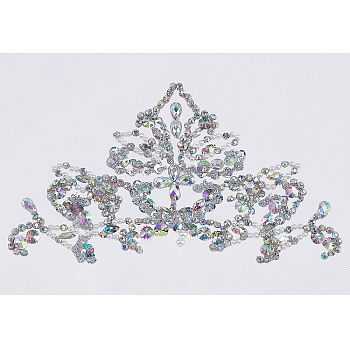 Rhinestone & Plastic Beaded Appliques, with Brass Finding, Sew on Ornament Accessories, Clear AB, 120x215x6mm