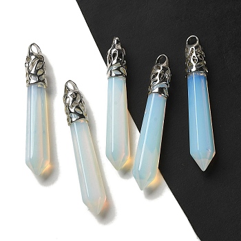 Opalite Pointed Big Pendants, Faceted Bullet Charms with Rack Plating Platinum Plated Brass Findings, 56~65x11~11.5x10~10.5mm, Hole: 4X3mm