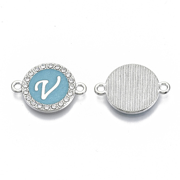 Alloy Enamel Links Connectors, with Crystal Rhinestones, Flat Round with Letter, Silver Color Plated, Letter.V, 22x16x2mm, Hole: 1.8mm