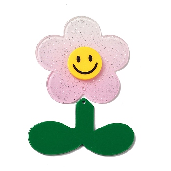 Acrylic Big Pendants with Glitter Powder, Flower with Leaf, Pink, 61x62.5x4.5mm, Hole: 2.5mm