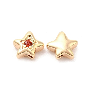 Brass Cubic Zirconia Beads, Star, Real 18K Gold Plated, Red, 7x8x4mm, Hole: 1mm
