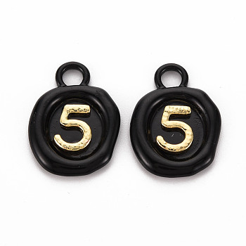 Spray Painted Alloy Pendants, Cadmium Free & Lead Free, Oval with Number 5, Black, 26x18.5x3mm, Hole: 4mm