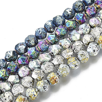 Electroplated Natural Lava Rock Beads Strands, Round, Bumpy, Faceted, Mixed Color, 6~7x5~6mm, Hole: 1mm, about 63~64pcs/Strand, 15.16 inch(38.5cm)