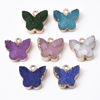 Druzy Resin Pendants, with Edge Light Gold Plated Iron Loops, Butterfly, Mixed Color, 14.5x16x6.5mm, Hole: 1.8mm