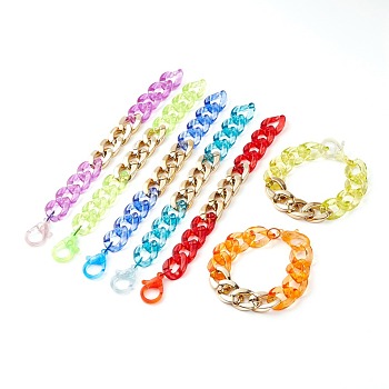 Unisex Spray Transparent Acrylic Curb Chain Bracelets, with Iron Jump Rings and Plastic Lobster CLaw Clasps, Mixed Color, 7-7/8 inch(20cm)