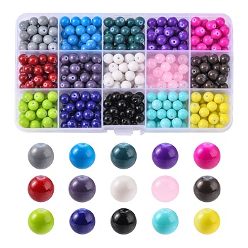 Baking Painted Glass Beads, Round, Mixed Color, 8x7.5mm, Hole: 1.2mm, 15 Colors, 22~23Pcs/color, about 330~345Pcs/box