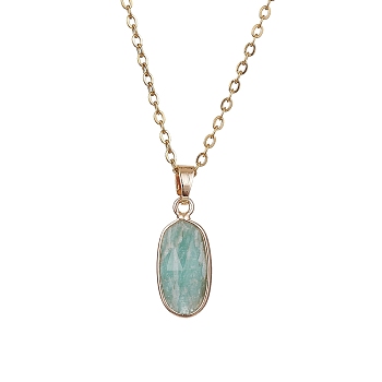 Natural Amazonite Oval Pendant Necklace, with Golden 304 Stainless Steel Cable Chains, 16.02 inch(40.7cm)