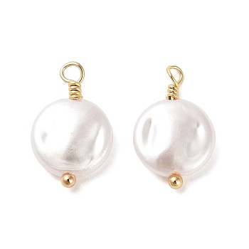 ABS Plastic Imitation Pearl Pendants, with Real 18K Gold Plated Rack Plating Brass Findings, Flat Round Charm, White, 16x10x3.5mm, Hole: 1.8mm