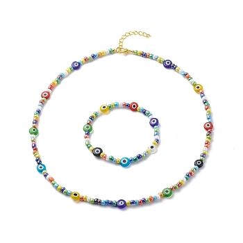 Lampwork Evil Eye & Glass Seed Beaded Necklace Stretch Bracelet, Jewelry Set for Women, Colorful, Inner Diameter: 2 inch(5cm), 18.81 inch(47.8cm)
