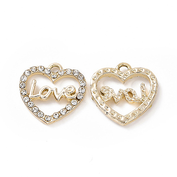 Alloy Crystal Rhinestone Pendants, Heart with Word Love Charms, Golden, 16x16x2.5mm, Hole: 1.8mm