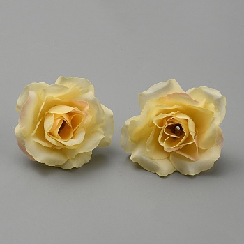 Cloth Imitation Rose Blossom, Artificial Flower Heads, Festival & Party Supplies, Yellow, 45~50x35~36mm, Hole: 2mm