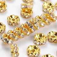 Brass Rhinestone Spacer Beads, Grade B, Clear, Golden Metal Color, Size: about 6mm in diameter, 3mm thick, hole: 1mm(RSB028-B01G)