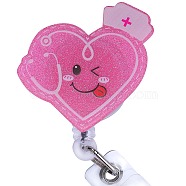 Glittered Acrylic & ABS Plastic Badge Reel, Retractable Badge Holder, Heart, 100mm, Heart: 49x51.5mm(AJEW-SZ0002-47F)
