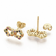 Brass Micro Pave Colorful Cubic Zirconia Stud Earrings, with Earring Backs, Bowknot, Real 16K Gold Plated, 7x13.5mm, Pin: 0.7mm(EJEW-S208-040)