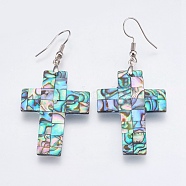 Abalone Shell/Paua Shell Dangle Earrings, with Brass Findings, Cross, Platinum, 60mm, Pin: 0.7mm(EJEW-F147-C12)
