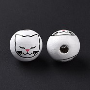 Printed Wood European Beads, Large Hole Beads, Round with Cat Pattern, White, 15.5~16x14.5~15mm, Hole: 4.6mm(WOOD-B005-01B)