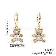 Cute Cartoon Bear Brass Hoop Earrings, with Rhinestone, Golden, 31x13mm(RU9972-1)