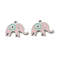 304 Stainless Steel Enamel Pendants, Elephant with Evil Eye Charms, Stainless Steel Color, Pink, 11.5x16x1.5mm, Hole: 1.5mm(STAS-L022-003P)