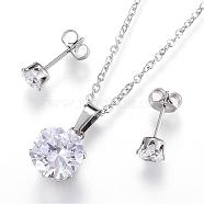 304 Stainless Steel Jewelry Sets, Pendant Necklaces and Stud Earrings, with Cubic Zirconia, Flat Round, Stainless Steel Color, 17.7 inch(45cm), 5mm, Pin: 0.8mm(SJEW-H054-05)