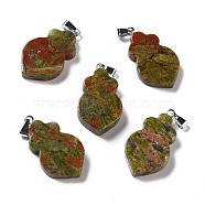 Natural Unakite Pendants, with Platinum Tone Brass Findings, Leaf, 29~31x16~17x3~6mm, Hole: 2x6mm(G-F714-01B)