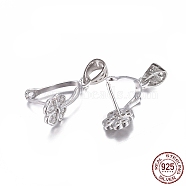 Rhodium Plated 925 Sterling Silver Pendant Bails, with Cubic Zirconia, with 925 Stamp, Clover, Clear, Platinum, 17x6.5x7mm, Hole: 4.5x3.5mm, Pin: 0.7mm, Inseam Length: 9mm(STER-L058-007P)