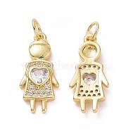 Brass Micro Pave Cubic Zirconia Pendants, with Jump Ring, Girl with Heart Charms, Golden, 20x9x3mm, Hole: 3.5mm(ZIRC-F134-03G)