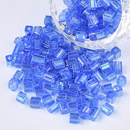 6/0 Glass Seed Beads, Transparent Colours Rainbow, Square Hole, Cube, Dodger Blue, 6/0, 3~5x3~4x3~4mm, Hole: 1.2~1.4mm, about 4500pcs/bag(SEED-S027-06B-04)