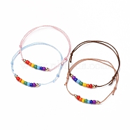 Adjustable Polyester Cord Bracelets, with Glass Seed Beads and Brass Beads, Round, Mixed Color, Inner Diameter: 2-1/8 inch(5.5cm)(BJEW-JB05752)