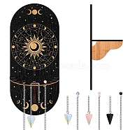 CRASPIRE Hanging Wooden Crystal Display Shelf, with Natural Rose Quartz & Opalite & Synthetic Blue Goldstone Hexagonal Pointed Dowsing Pendulums, Iron Hangers & Screws, Sun Pattern, Oval: 95x215x3mm(DJEW-CP0001-28B)