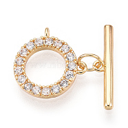 Brass Micro Pave Clear Cubic Zirconia Toggle Clasps, Ring, Real 18K Gold Plated, Bar: 15.5~17x4x2mm, Hole: 1mm, Ring: 12x13x3mm, Hole: 0.9mm(KK-E068-VC174)