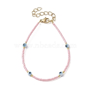 Evil Eye Lampwork & Glass Seed Beaded Bracelet with Real 18K Gold Plated 304 Stainless Steel Clasps, Pink, 6-3/4 inch(17.2cm)(BJEW-JB09998-02)