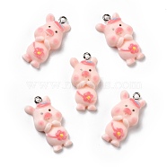 Opaque Resin Pendants, with Platinum Tone Iron Loops, Pig with Flower, Pink, 27x14x5mm, Hole: 2mm(RESI-D055-068P)