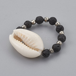 Cowrie Shell Stretch Rings, with Electroplate Non-magnetic Hematite Beads and Lava Rock Round Beads, 20mm(RJEW-JR00240)