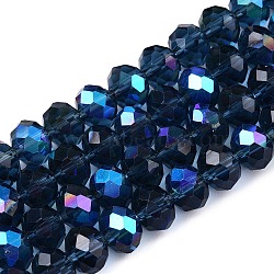 Electroplate Glass Beads Strands, Half Rainbow Plated, Faceted, Rondelle, Marine Blue, 8x6mm, Hole: 1mm, about 64~65pcs/strand, 40~41cm(EGLA-A044-T8mm-L12)