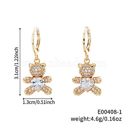 Cute Cartoon Bear Brass Hoop Earrings, with Rhinestone, Golden, 31x13mm(RU9972-1)