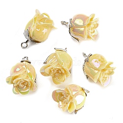 Opaque Resin Pendants, AB Color, Flower Charms with Platinum Tone Alloy Leaf, Yellow, 18.5x10x10mm, Hole: 1.4mm(RESI-K031-05A-P)