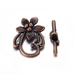 Tibetan Style Toggle Clasps, Lead Free, Cadmium Free and Nickel Free, Red Copper Colorl, Flower, Flower: 20mm wide, 28mm long, Bar: 5mm wide, 30mm long, hole: 2mm(RLF0677Y-NF)