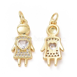 Brass Micro Pave Cubic Zirconia Pendants, with Jump Ring, Girl with Heart Charms, Golden, 20x9x3mm, Hole: 3.5mm(ZIRC-F134-03G)