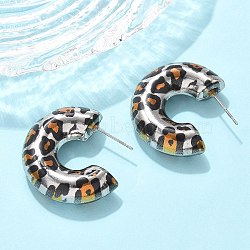 Brass Stud Earrings, Rack Plating, Long-Lasting Plated, Lead Free & Cadmium Free, C-Shaped with Leopard Print , Platinum, 30.5x10mm(EJEW-Q015-12B-P)