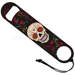 201 Stainless Steel Bottle Opener, with PU Leather Cord, Rectangle, Skull Pattern, 178x38x2mm(AJEW-WH0393-001)