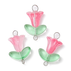 Glass Connector Charms, Hot Pink Flower Links with Stainless Steel Double Loops, Stainless Steel Color, 22~22.5x14x6mm, Hole: 2~3mm(PALLOY-JF02321)